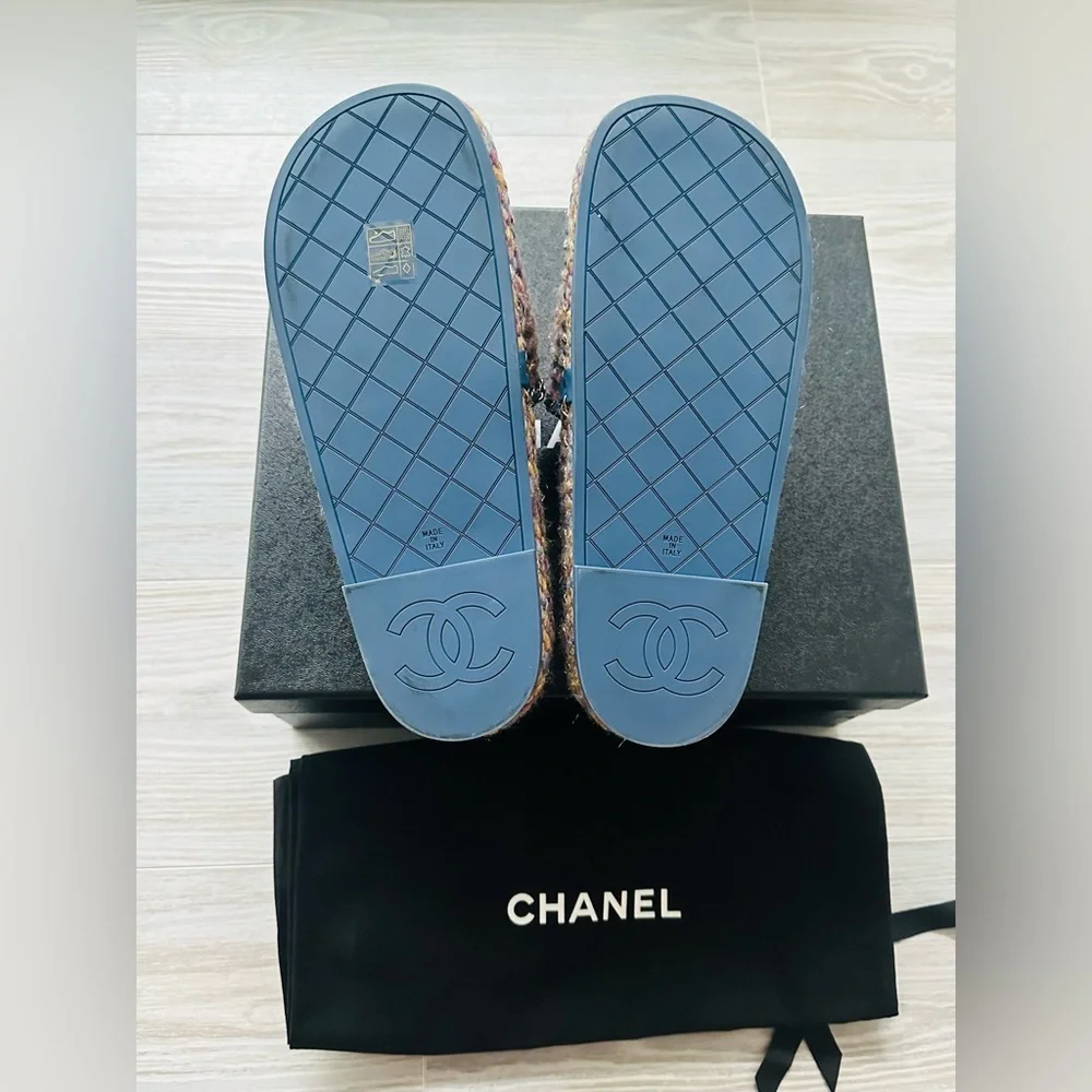 Chanel multicolor blue purple tweed leather CC chain mules sandals NEW WITH BOX - Picture 4 of 11